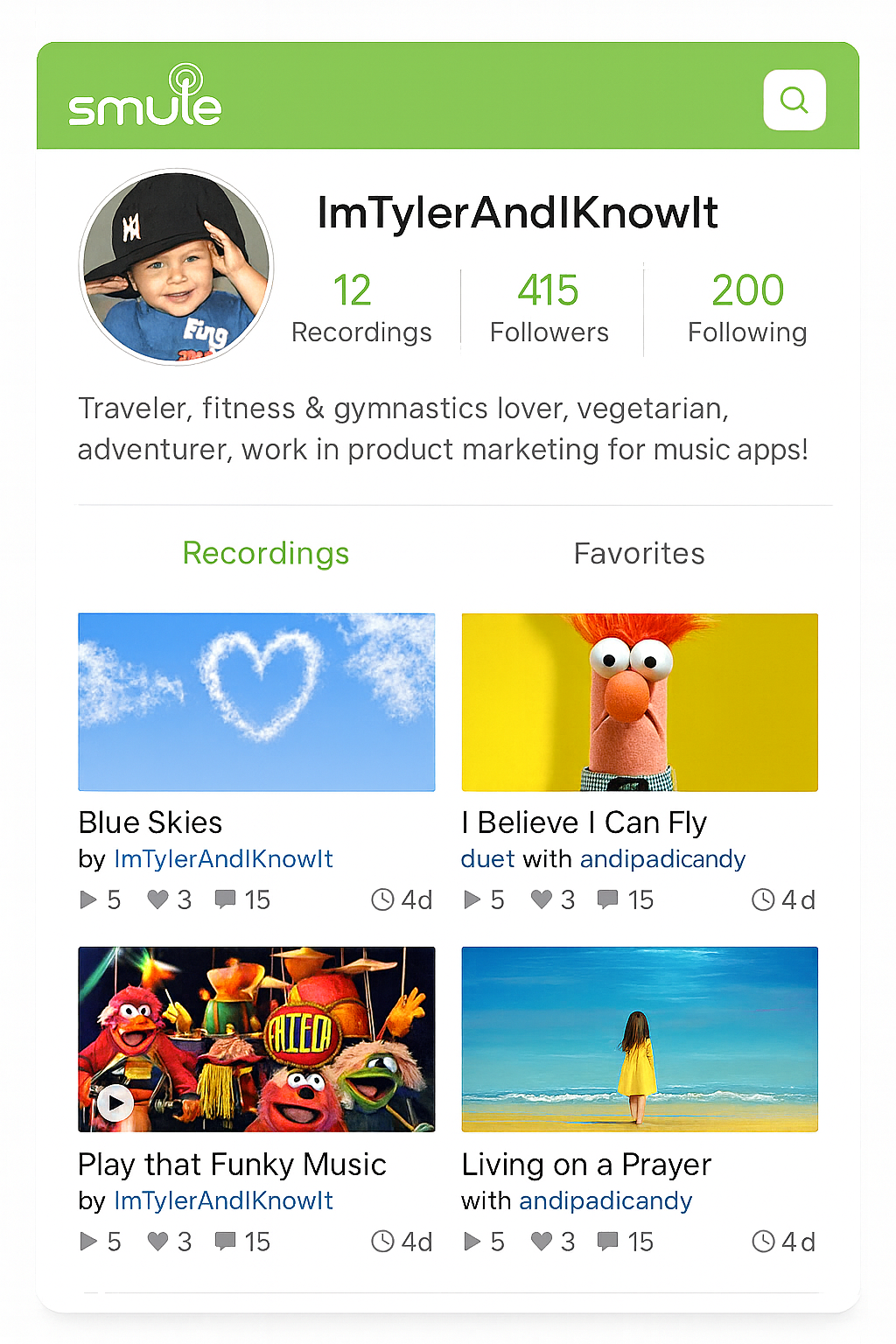 Smule user profile page