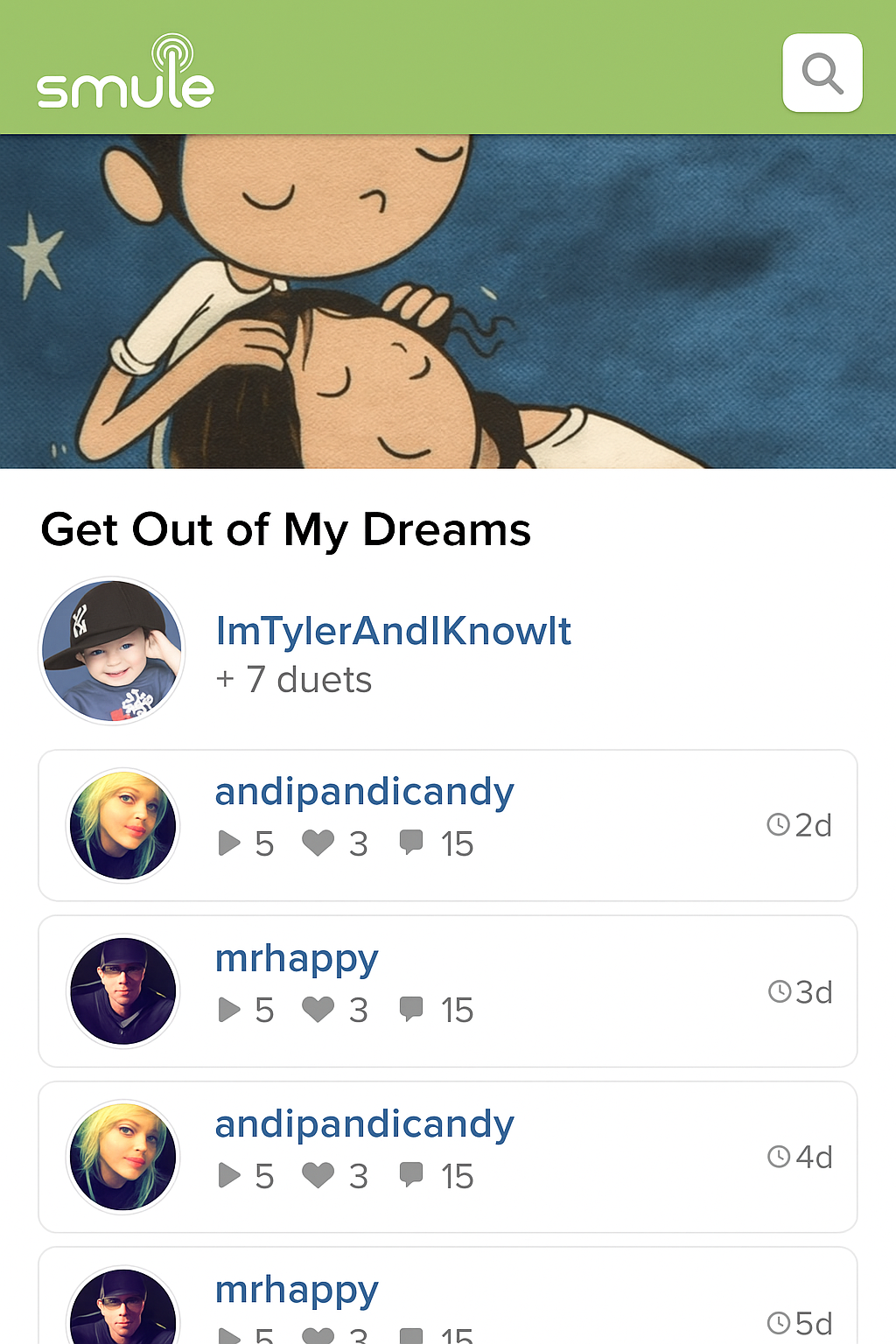 Smule song performance list