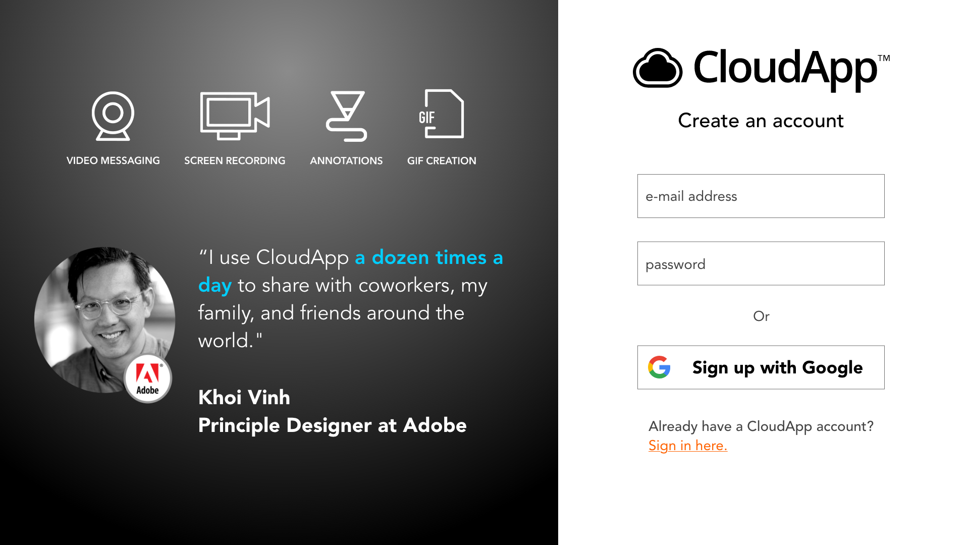 CloudApp Sign-Up Page Design