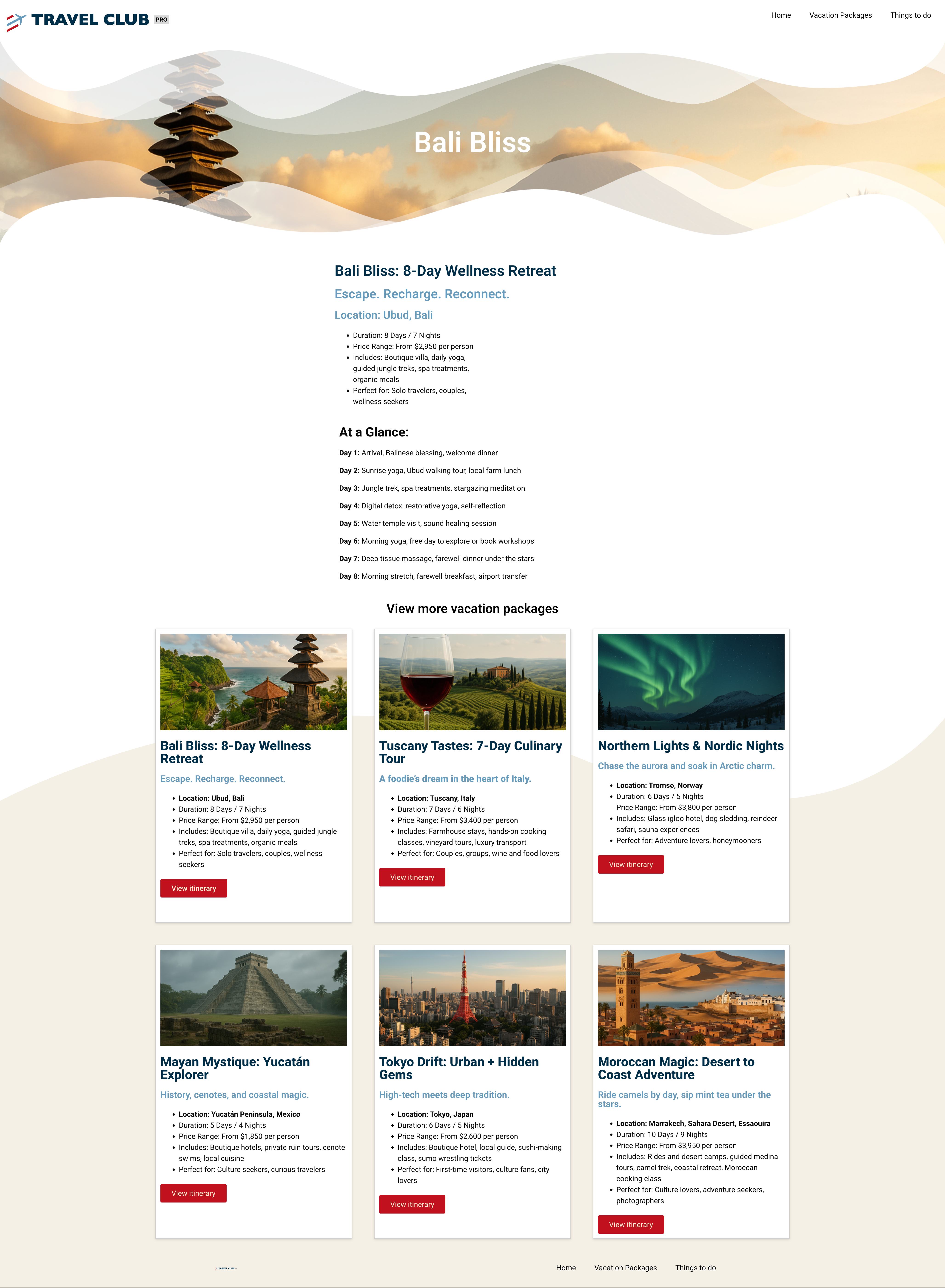 Bali Bliss wellness retreat package detail page