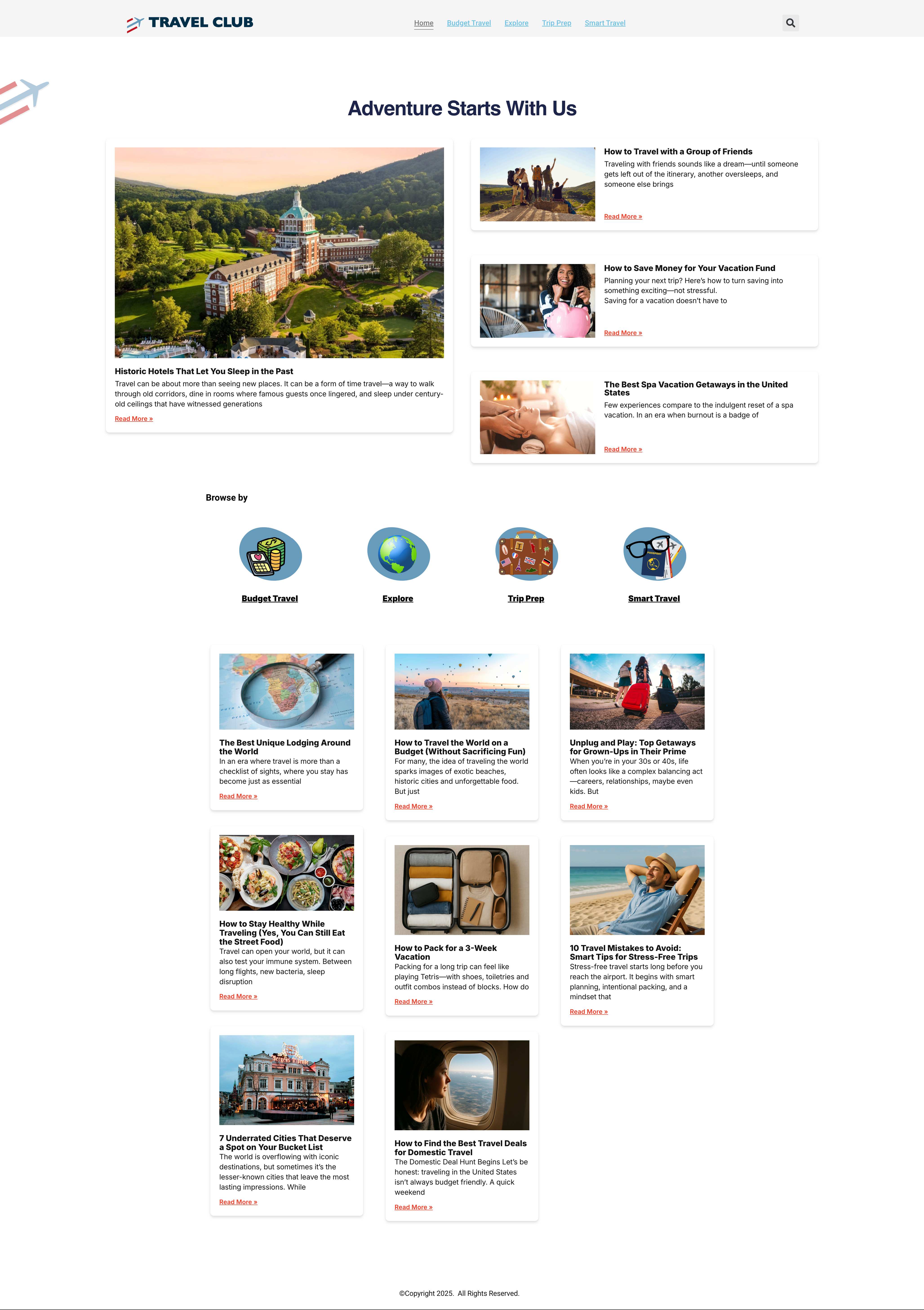 Full Travel Club homepage showing editorial content organization