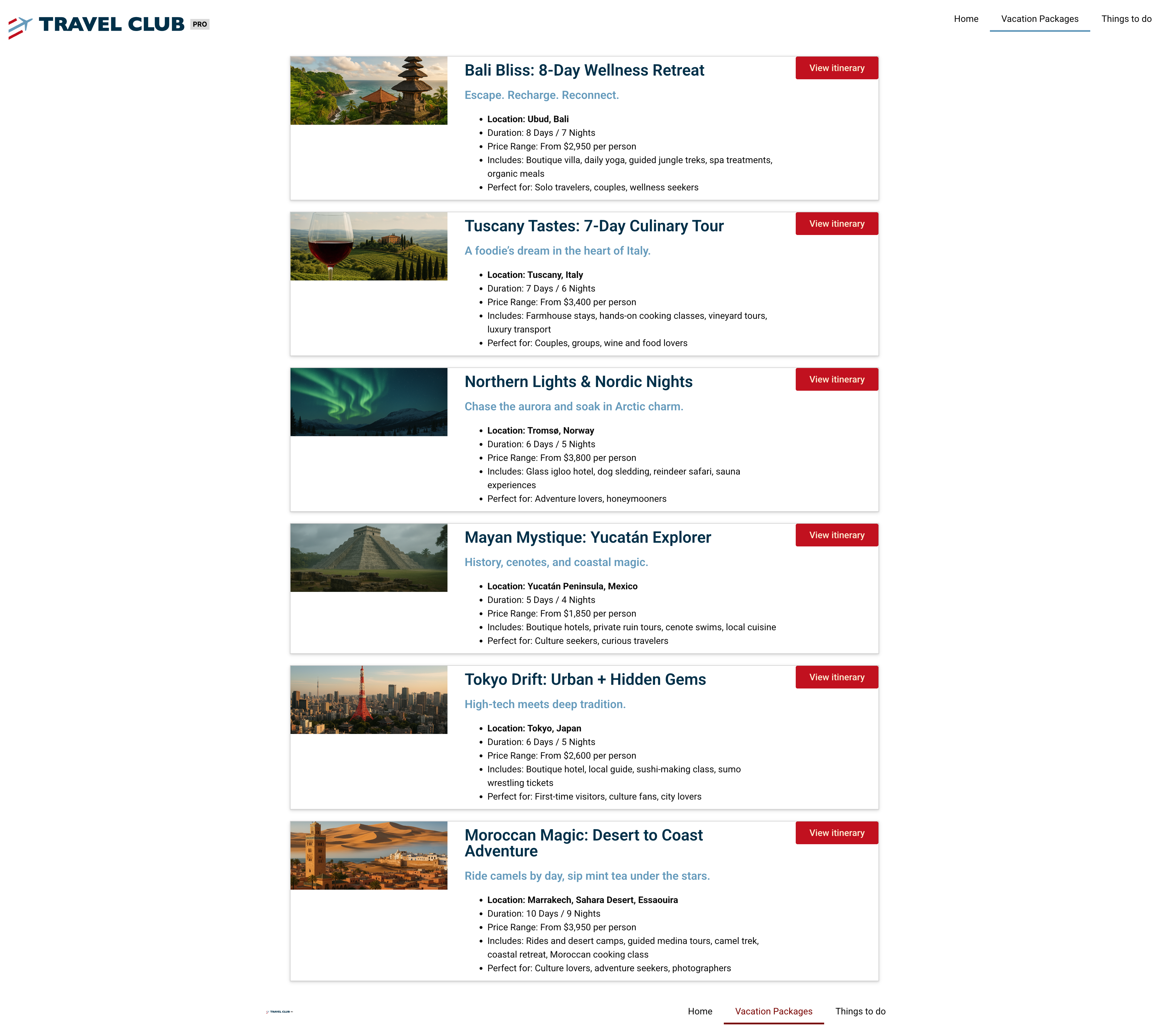 Travel Club vacation packages overview page