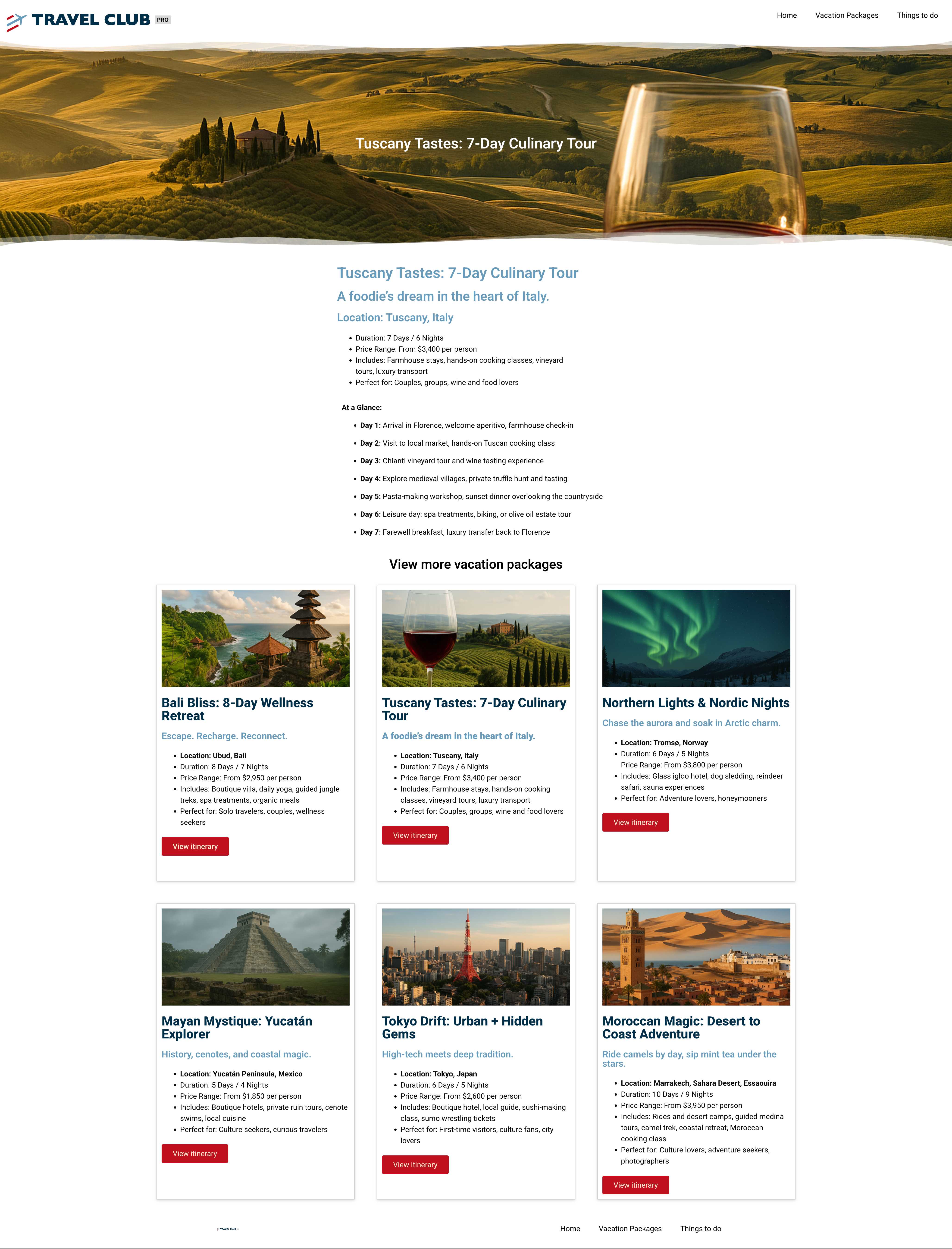 Tuscany Tastes culinary tour package detail page